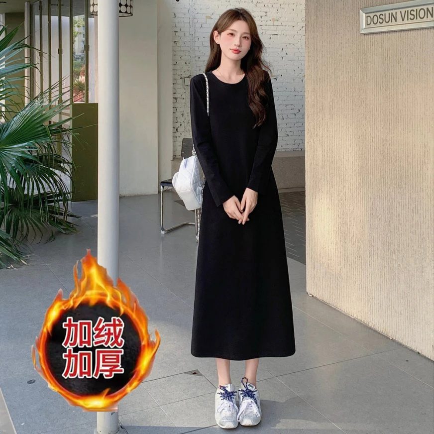 (现货+运费险)秋冬款长袖百搭黑色A字连衣裙显瘦宽松外穿打底长裙