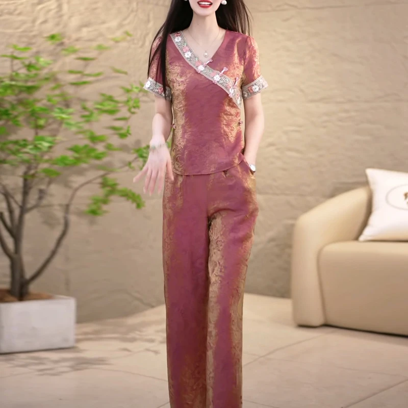 国风精致时尚套装女2025夏季新款妈妈装洋气显瘦减龄阔腿裤两件套