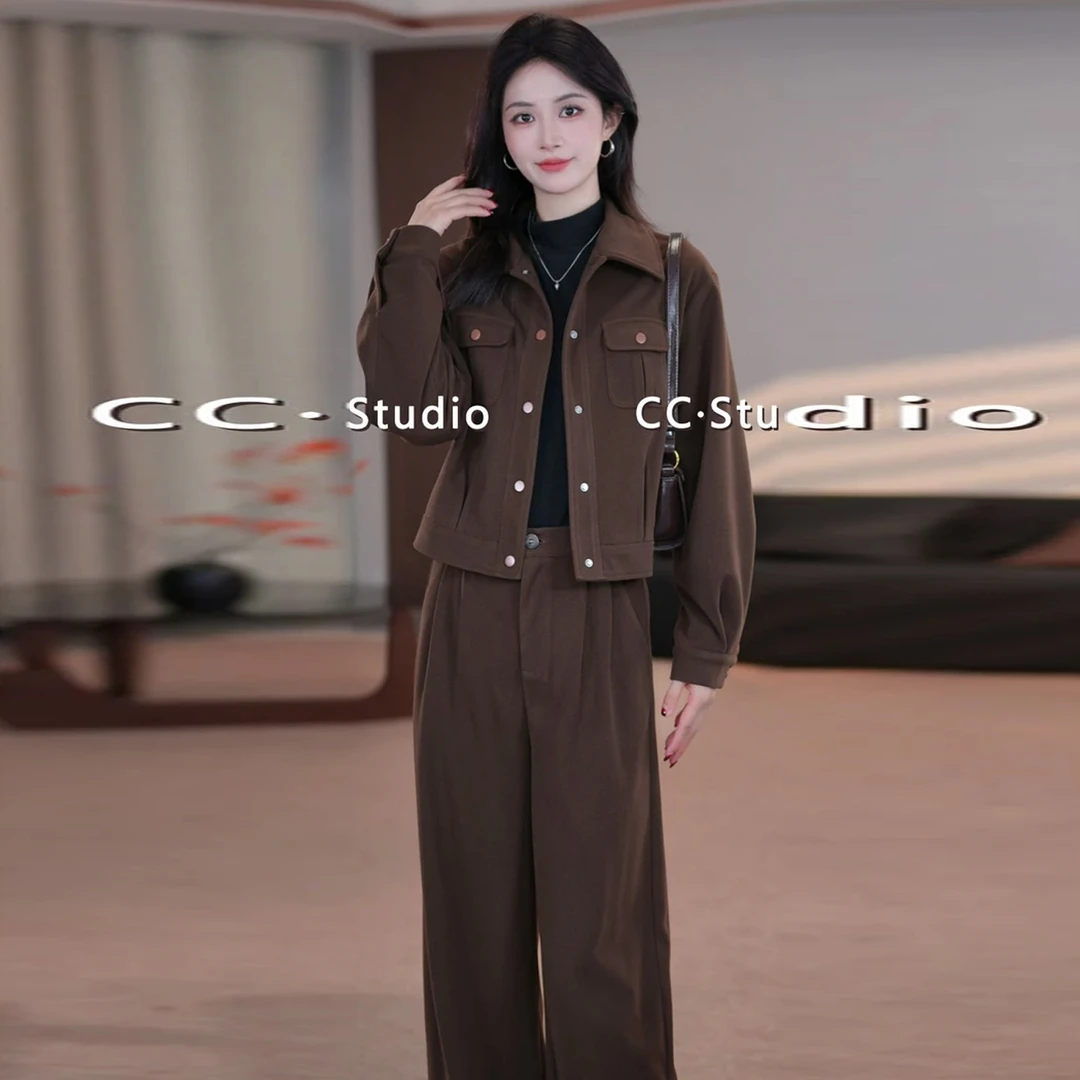 INS风休闲套装女2025秋季新款洋气显瘦宽松减龄夹克阔腿裤两件套