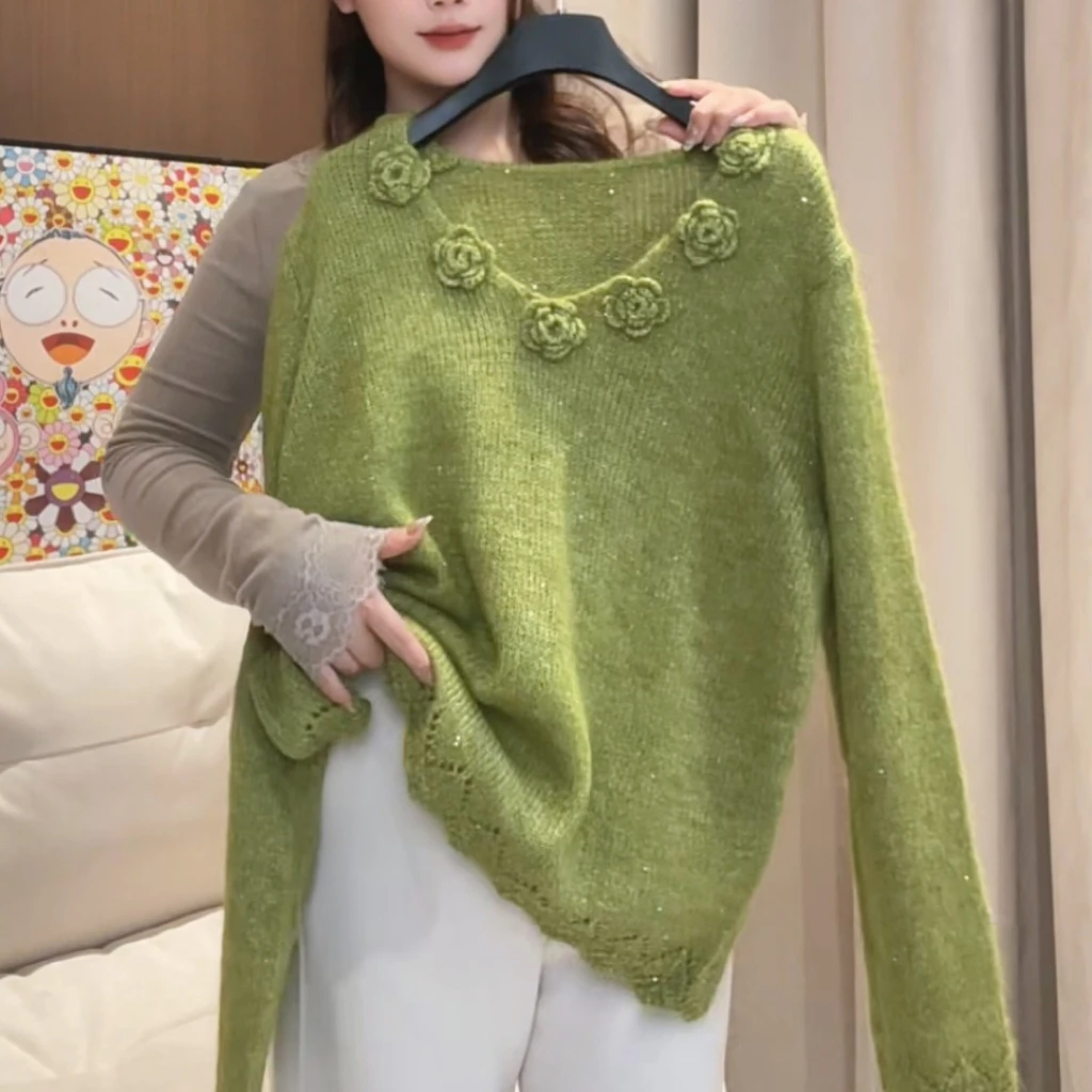 秋冬针织V领常规款毛针织衫立体花朵套头上衣（戈戈）