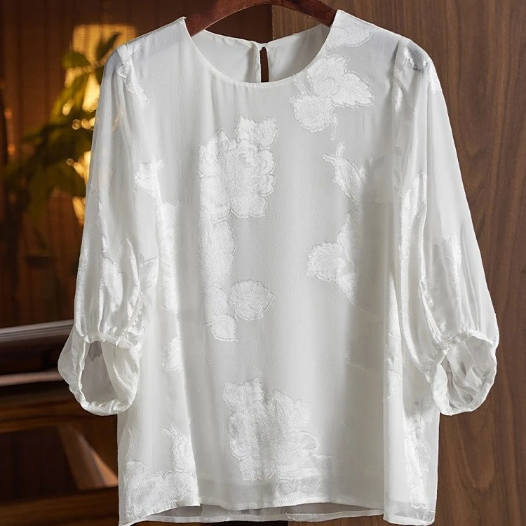 时尚高级感复古烧花圆领衬衫上衣女 KC-18