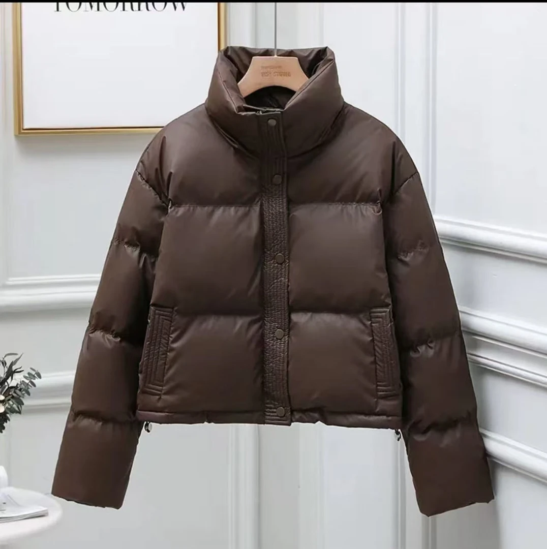 短款棉服女PU蛋白皮免洗新款冬季加厚保暖外套宽松肯豆风小个子