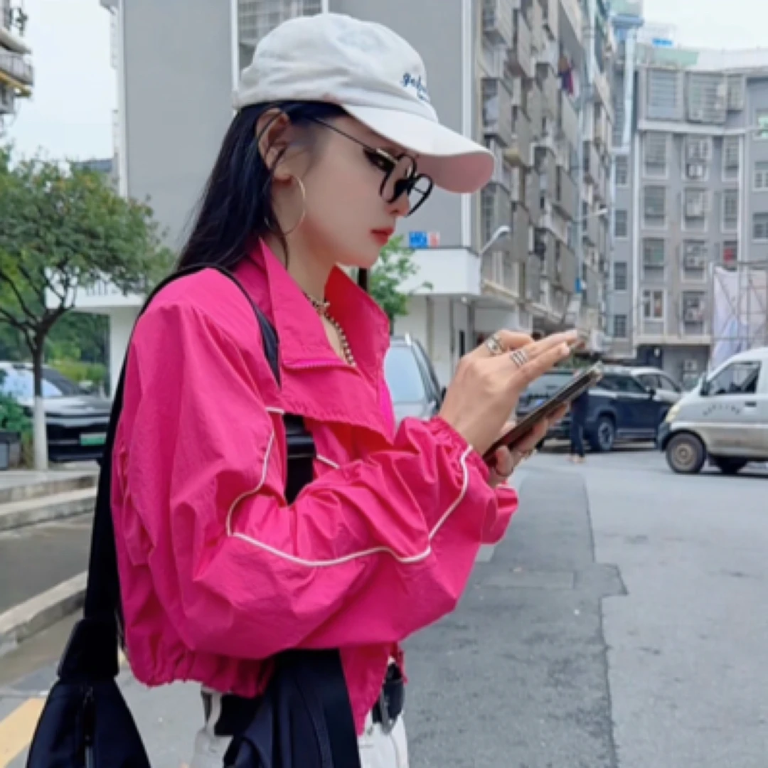 【C度笑笑力推】7735新品时尚小众设计撞条短款长袖防晒衣