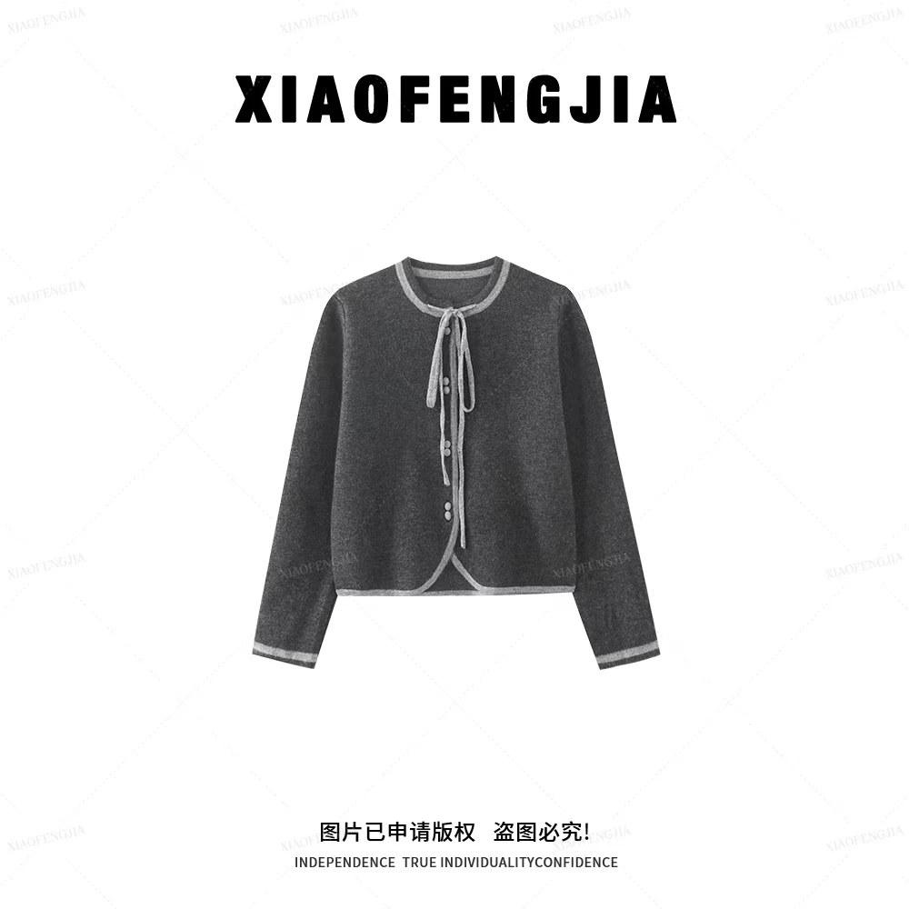 秋季新款减龄百搭圆领针织开衫女小清新领口系带外穿上衣外套1335