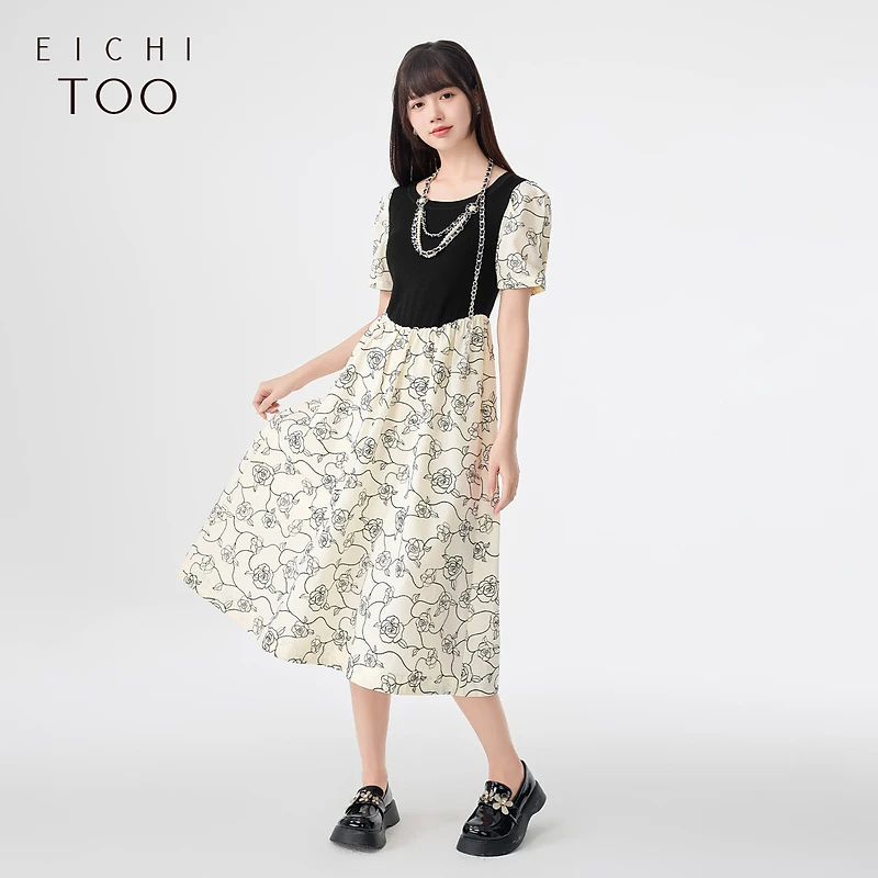 爱居兔夏季新款黑白撞色拼接时尚短袖连衣裙EQLBJ2N023A