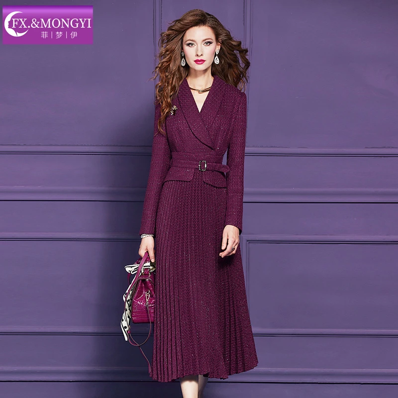 菲梦伊原创含羊毛西装连衣裙女冬季复古加厚收腰百褶中长裙69311