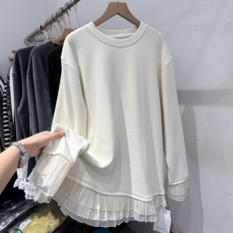 240斤大码胖妹妹荷叶边加绒T恤女春秋季新款长袖宽松打底衫上衣冬