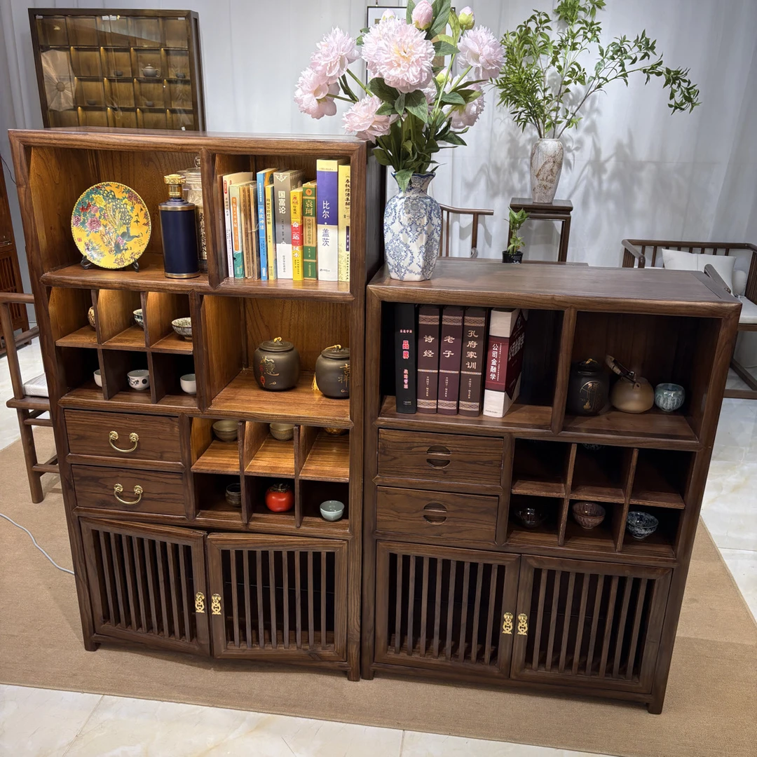 网红新款榆木家具禅意收纳柜胡桃木色茶叶柜实木客厅客厅餐边柜
