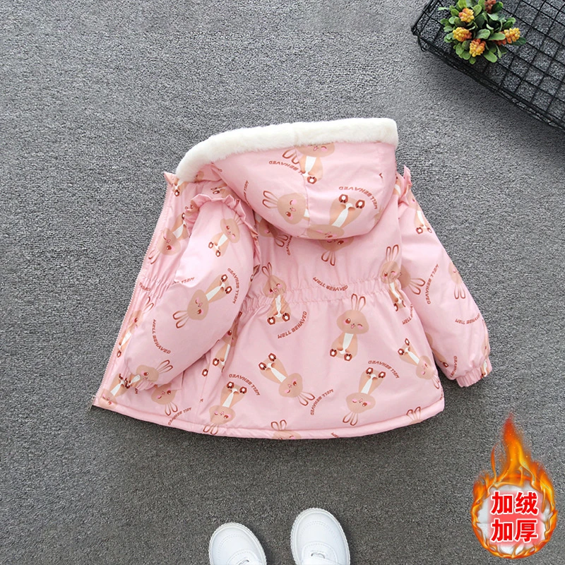 2025女童冬装加绒外套儿童新款童棉服中小童卡通小兔连帽加厚棉衣