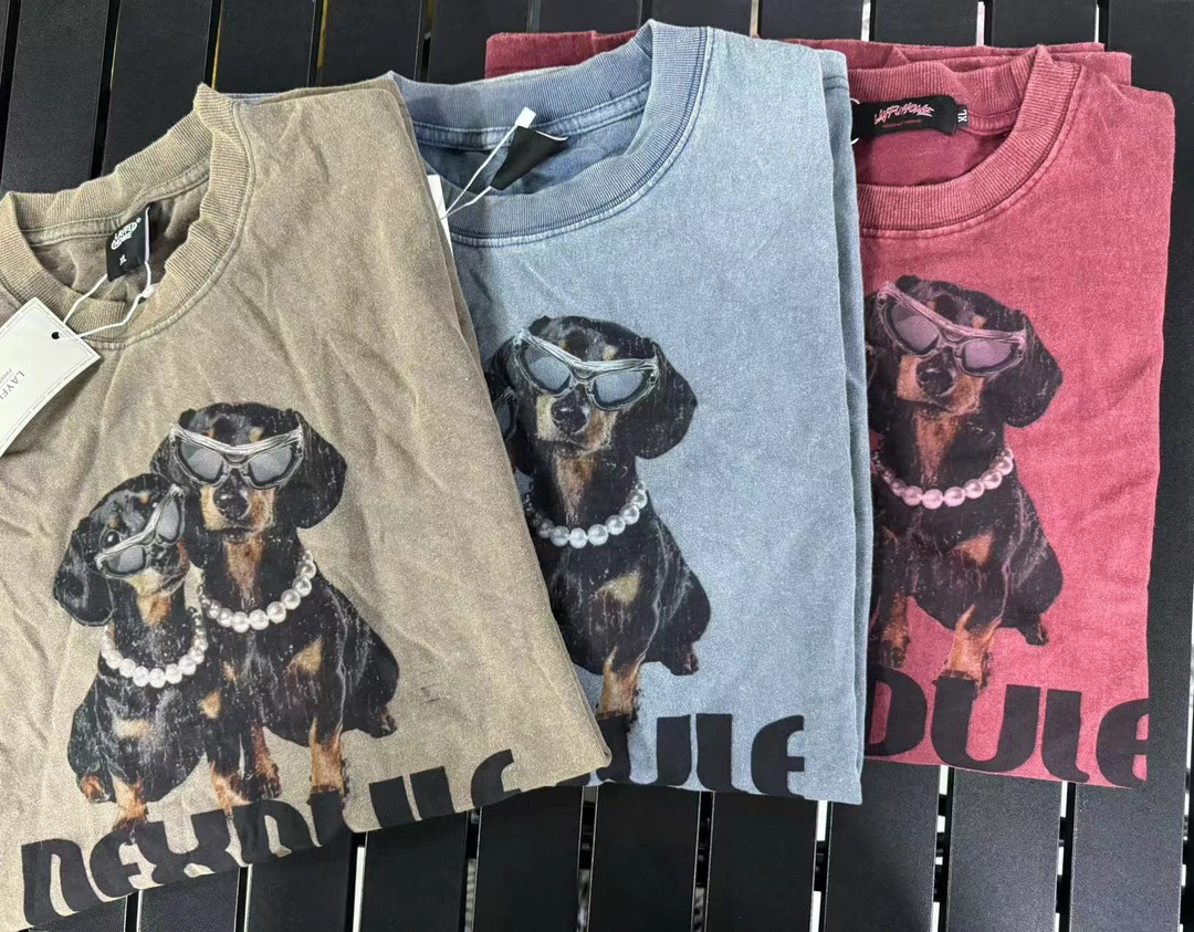 【J4-4】做旧水洗墨镜腊肠小狗T