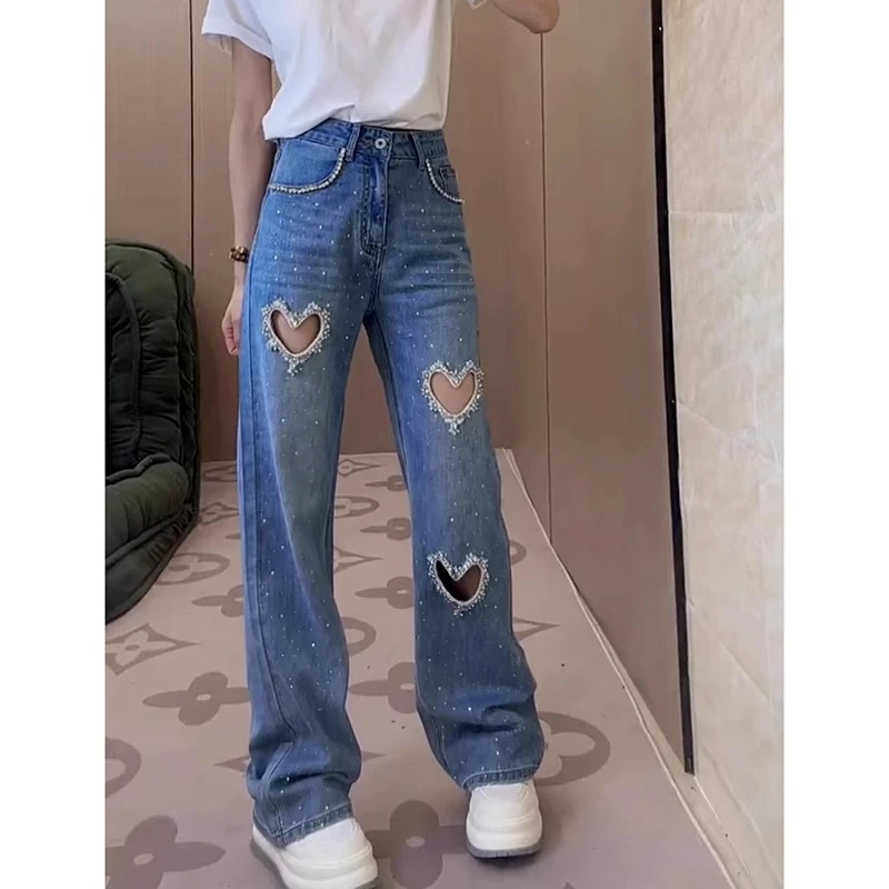 Aimeerosa/艾洛莎夏季欧货重工手缝烫钻牛仔裤长裤镂空帅气阔腿裤