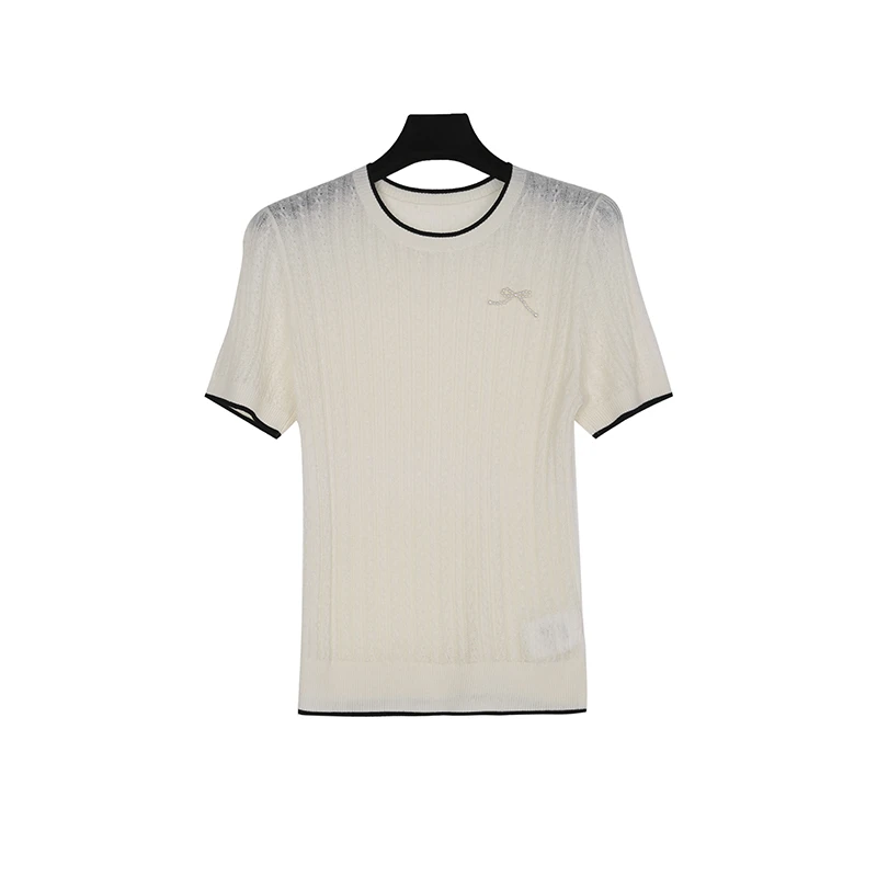 *28CELLENDI精致高定编织麻花浮雕工艺圆领春夏短袖针织衫22199