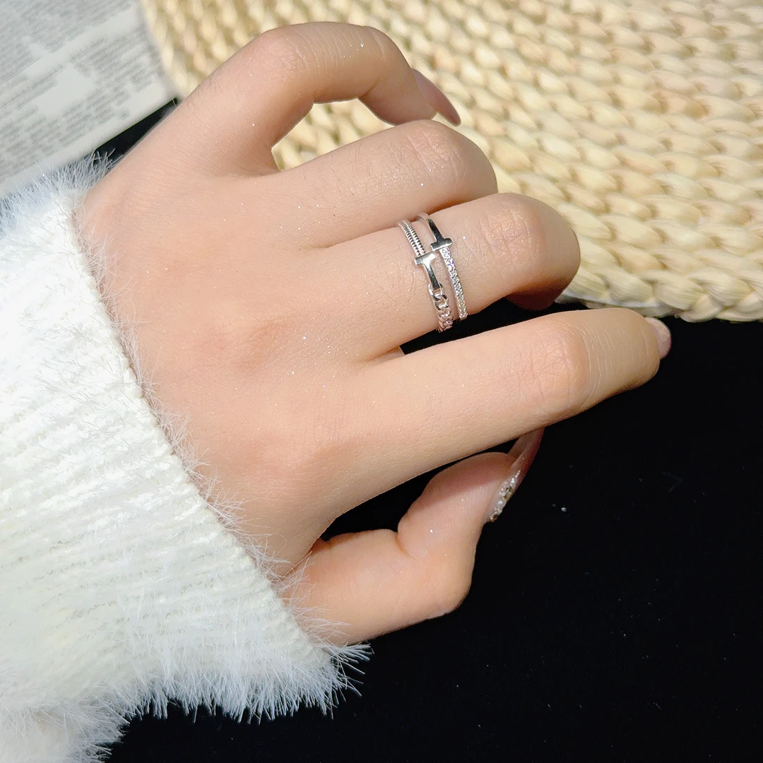 卡诗缇 925银戒指 双T叠戴戒指时尚百搭简约小众气质轻奢个性