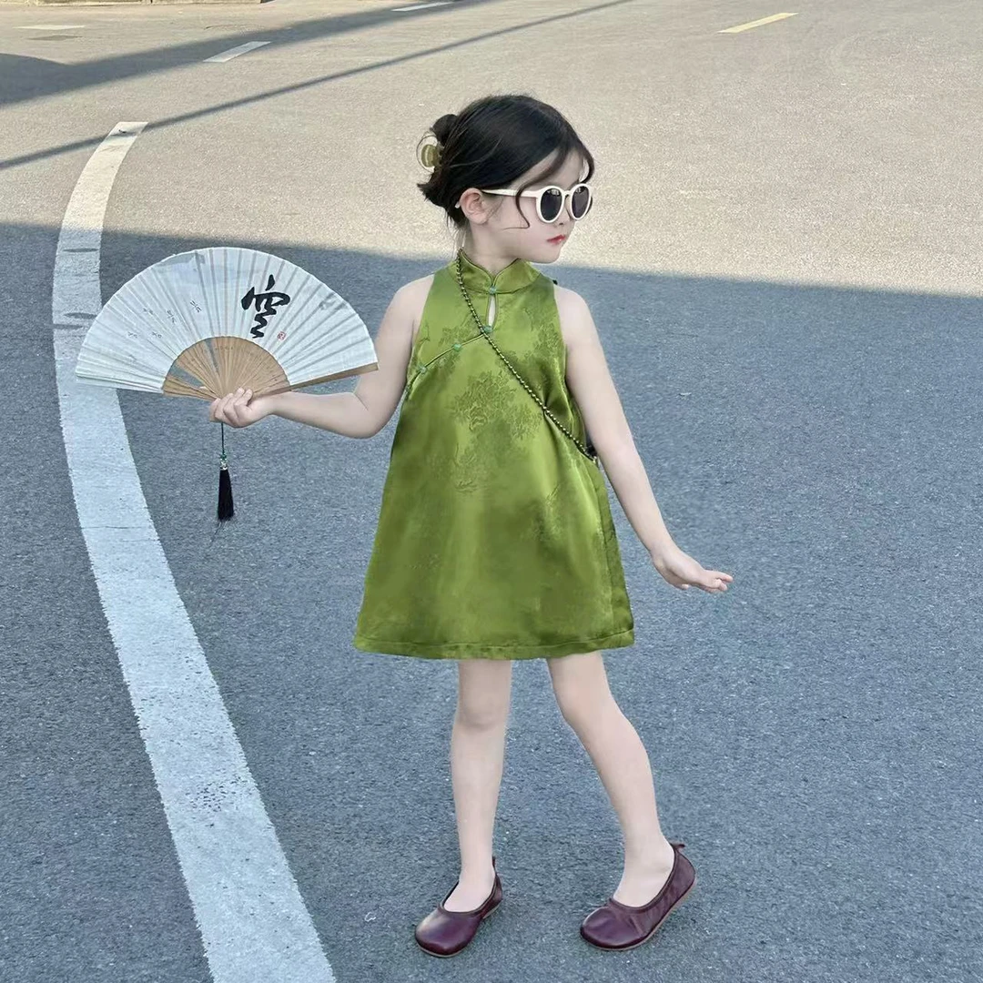 现货）壹妈夏季薄款女童连衣裙儿童新中式裙子显白绿色旗袍背心裙