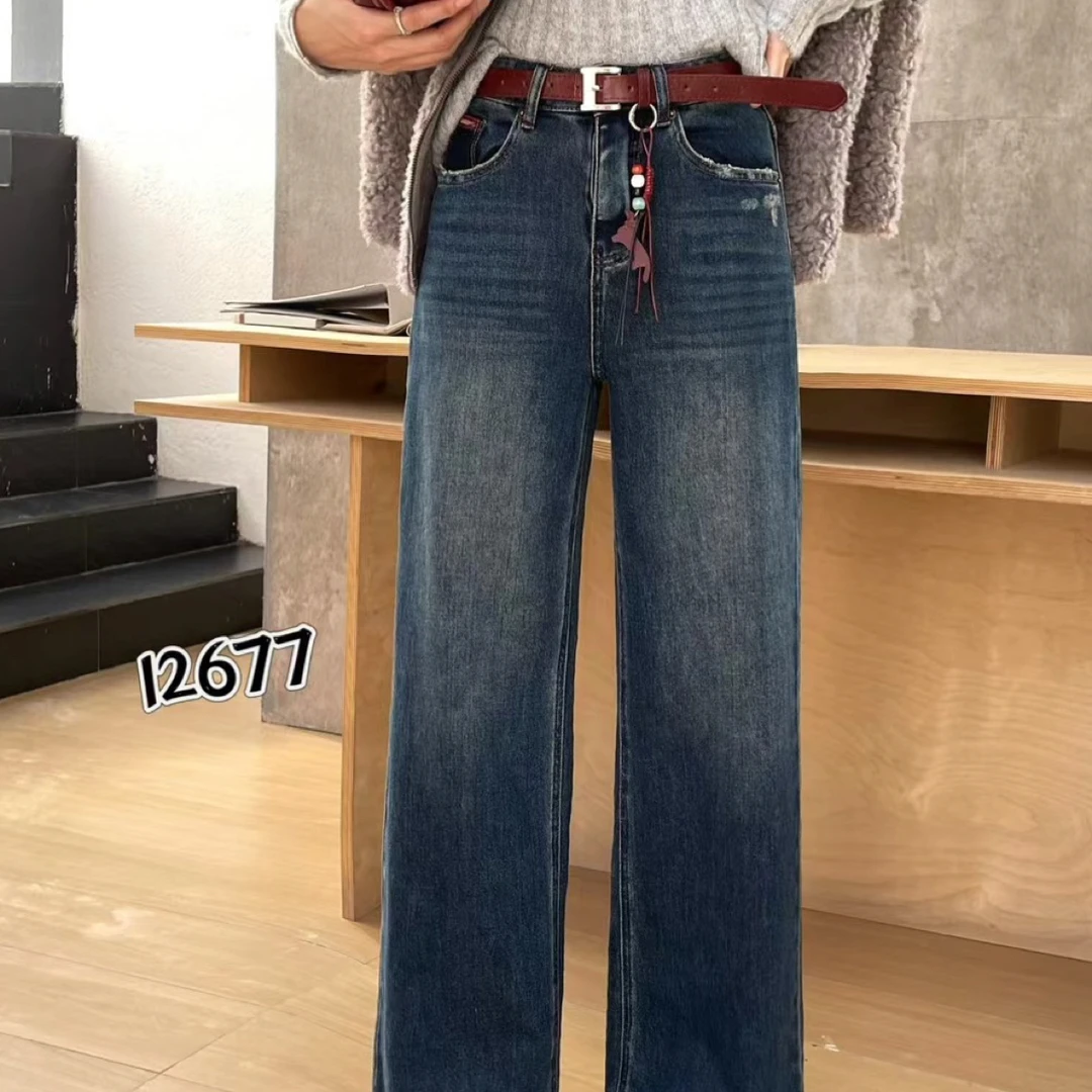 中腰直筒做旧蓝色牛仔裤秋季时尚百搭显瘦