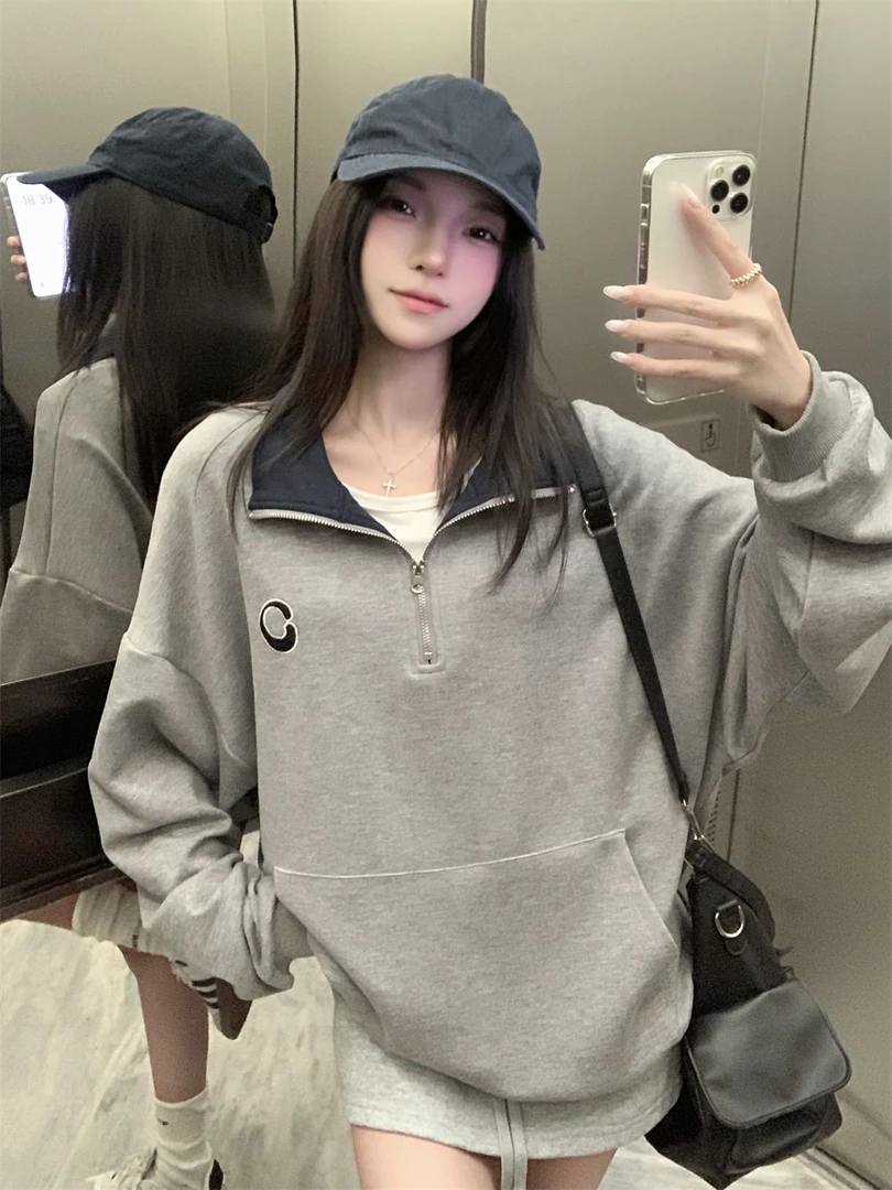 薄款/加绒 POLO领拉链卫衣女撞色刺绣百搭口袋春秋季新款长袖t恤