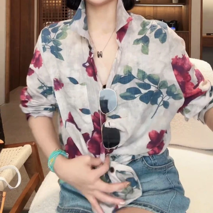 【直播爆款】2025春夏设计感百搭显瘦气质长袖花色衬衫夏季衬衣上衣