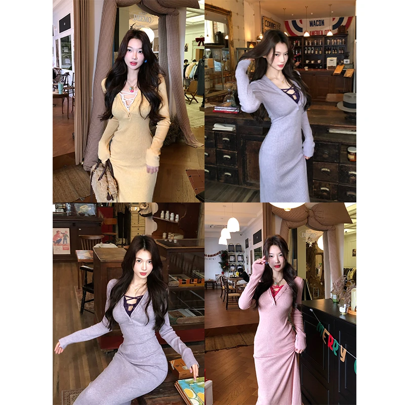 【12YE】纯欲风设计款针织修身显瘦连衣裙 Q1202