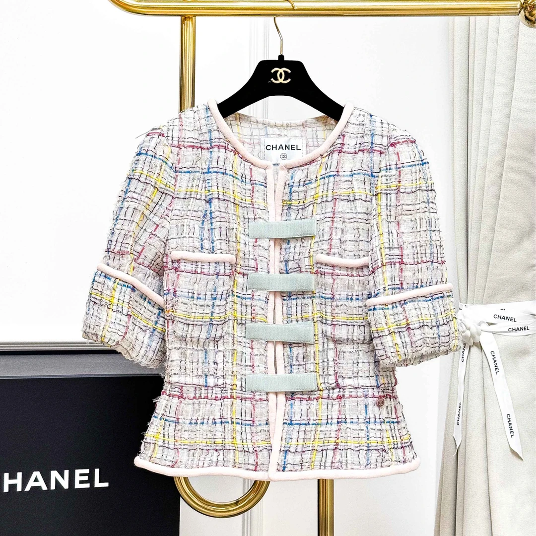 99新 Chanel/香奈儿 34码17S秀款彩色混色编织魔术贴中袖短款外套