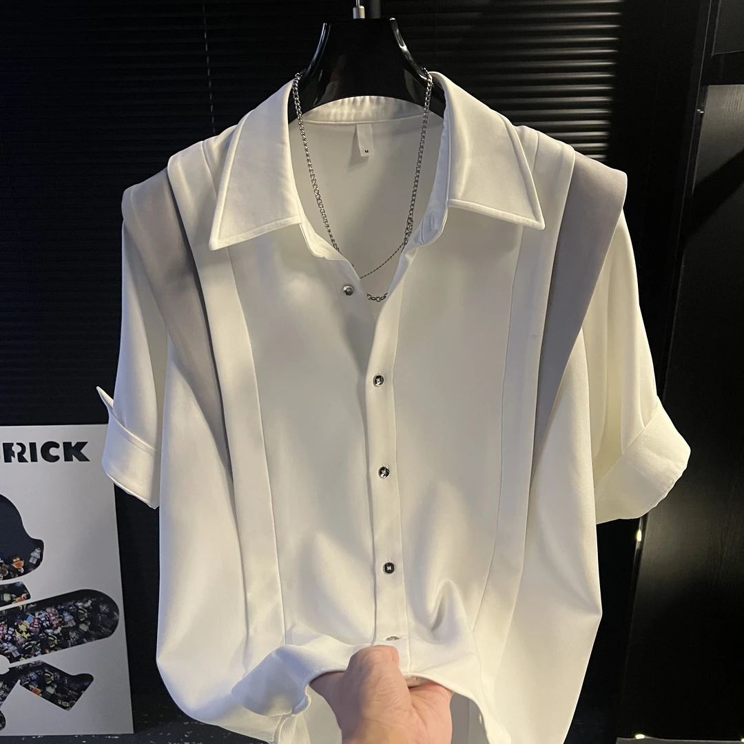 TQ-潮流百搭衬衣夏季撞色飞肩中袖宽松翻领高级感短袖衬衫休闲