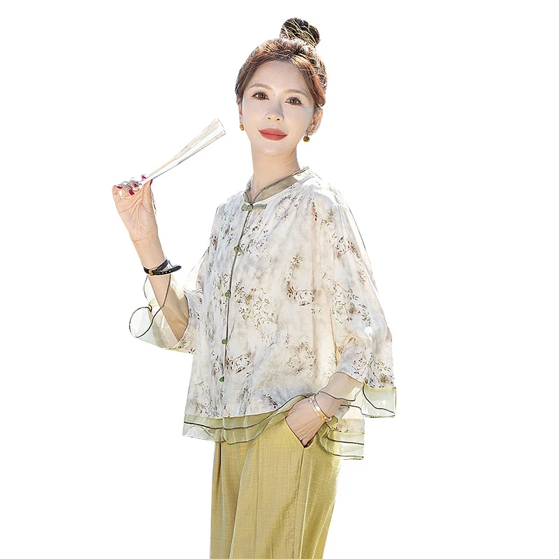 【欧若风】丝柏舍2025春新款女印花圆领新中式宽松衬衫S51R0979C