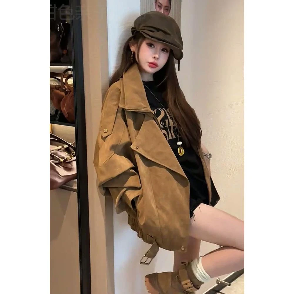 美式复古棕色机车风麂皮绒外套女秋季高级感宽松翻领廓形感夹克潮
