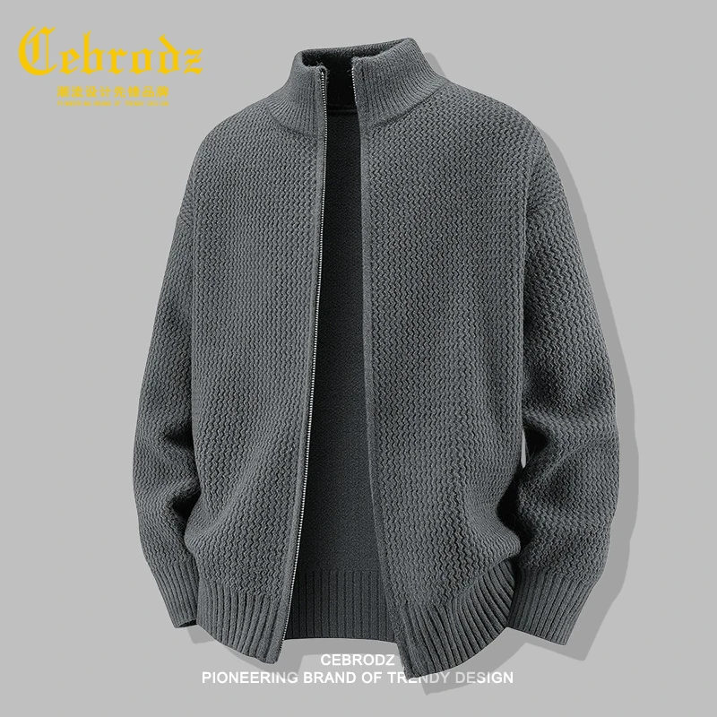 法国Cebrodz美式重磅开衫针织衫男秋季宽松立领休闲毛线衣外套男