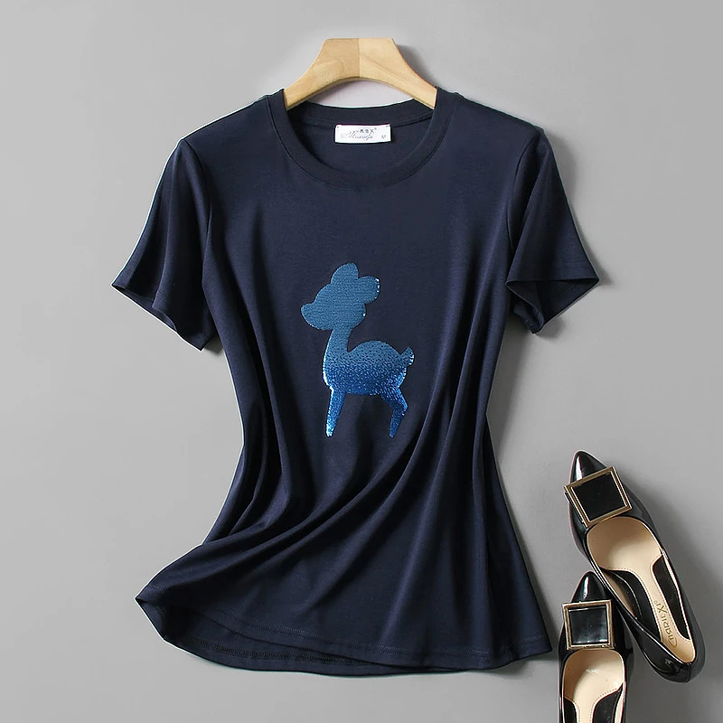 双面液氨棉短袖t恤小鹿亮片刺绣时尚女士夏季半袖小衫大码纯棉txu