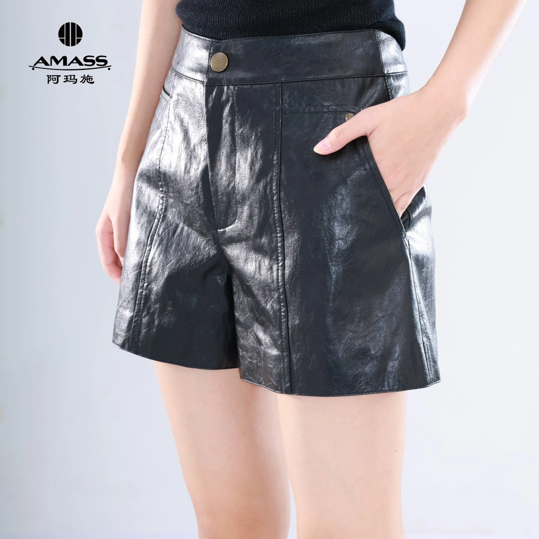 AMASS/阿玛施夏季新款质感复古休闲百搭时尚高腰皮裤短裤女510042