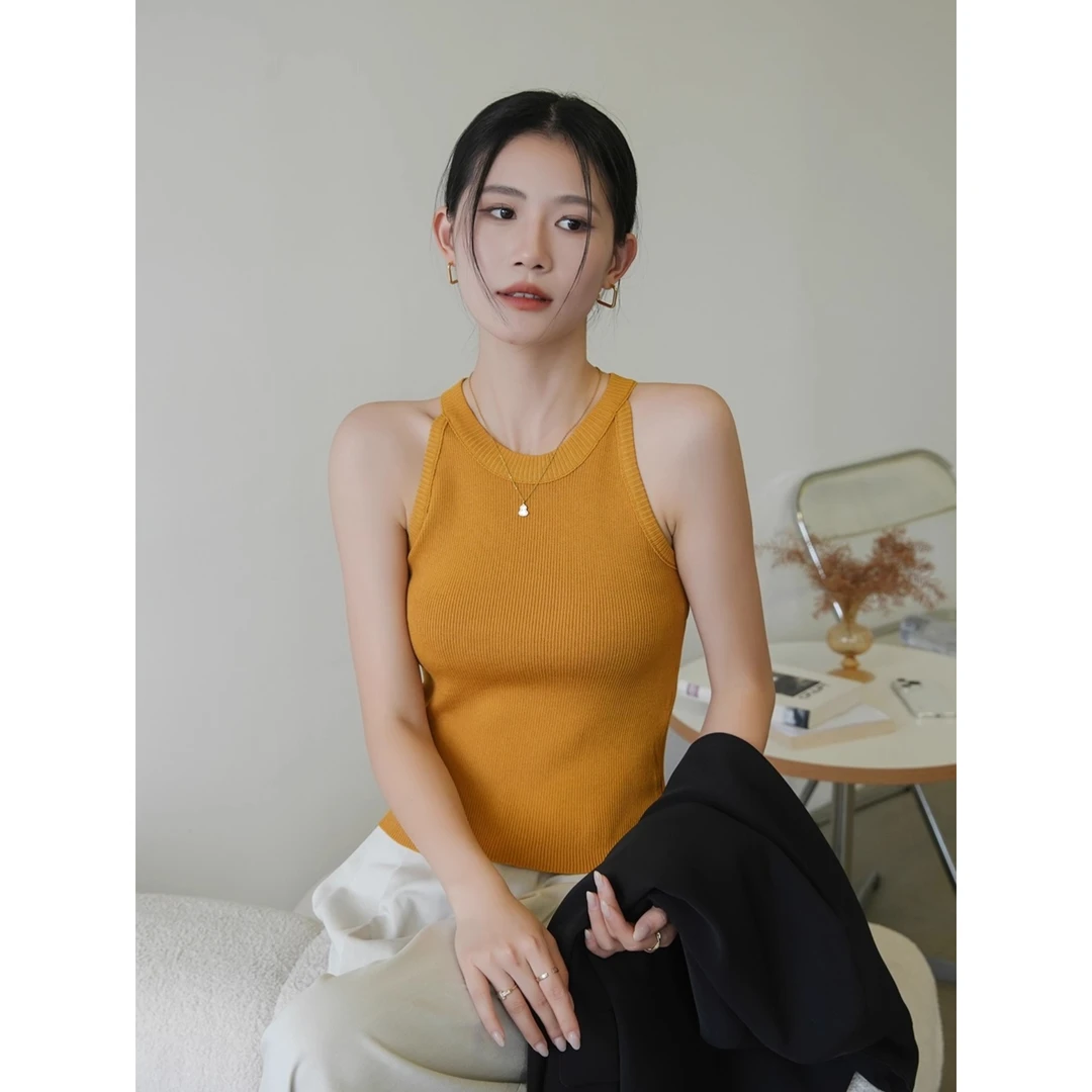 黄色针织吊带背心女内搭早秋修身打底外穿紧身显瘦短款上衣高级感