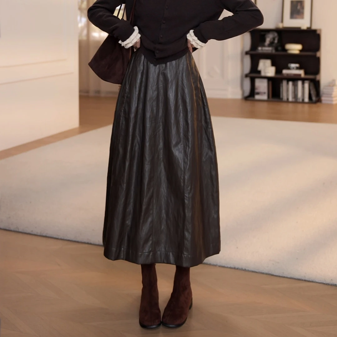 【YANYAN】咖色pu皮半身裙女春秋新款高腰显瘦中长款裙子长裙5334