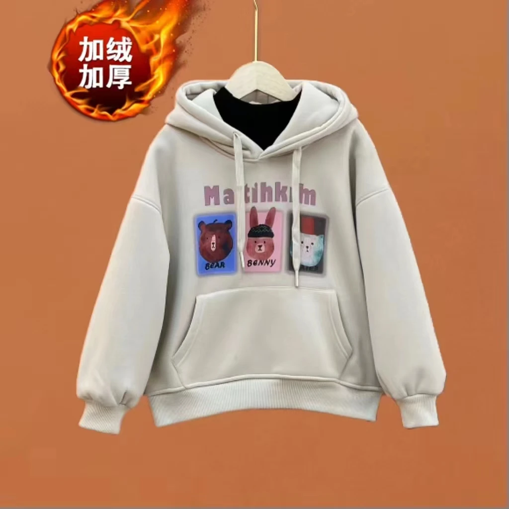 断码捡漏冬款男女童加绒连帽卫衣中大童一体绒加厚上衣冬装