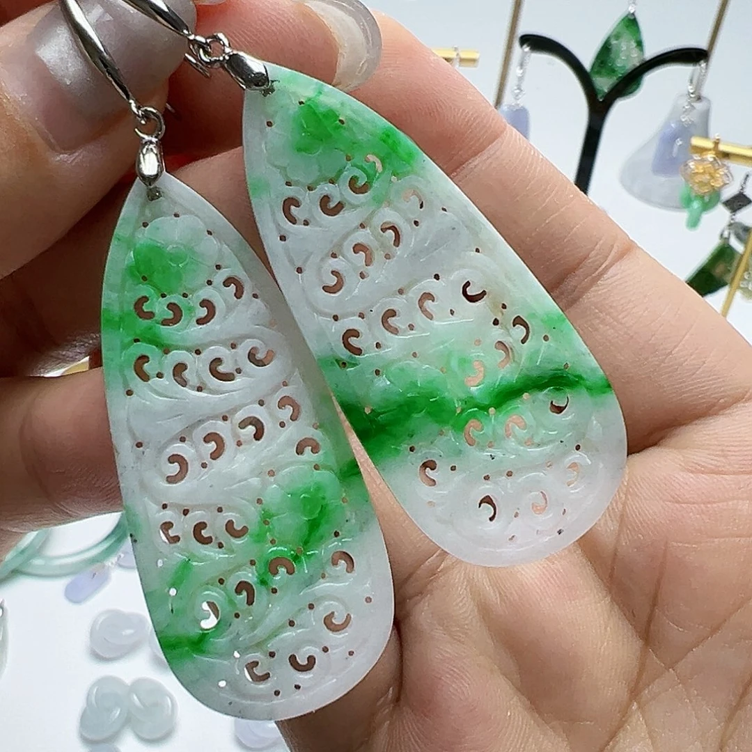 银S925镶嵌翡翠耳饰天然缅甸A货翡翠