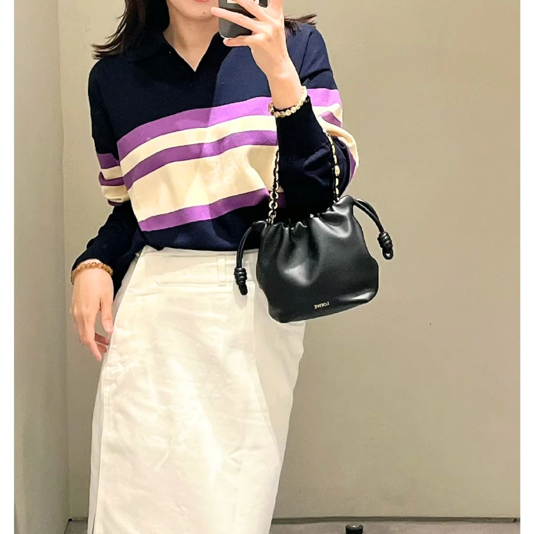 全新未使用 LOEWE/罗意威 拼色条纹短款休闲竖排纽扣长袖Polo衫