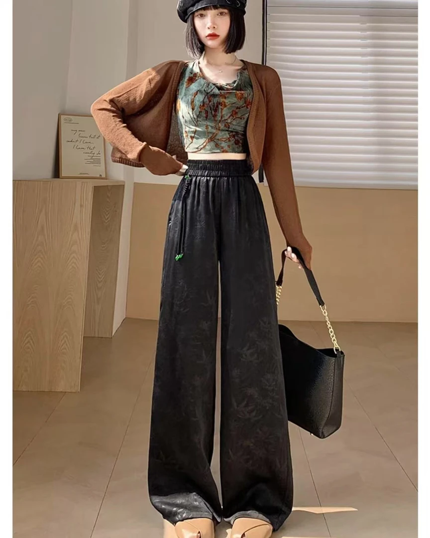 NN3400-时尚休闲裤显瘦高腰百搭宽松拖地印花垂感