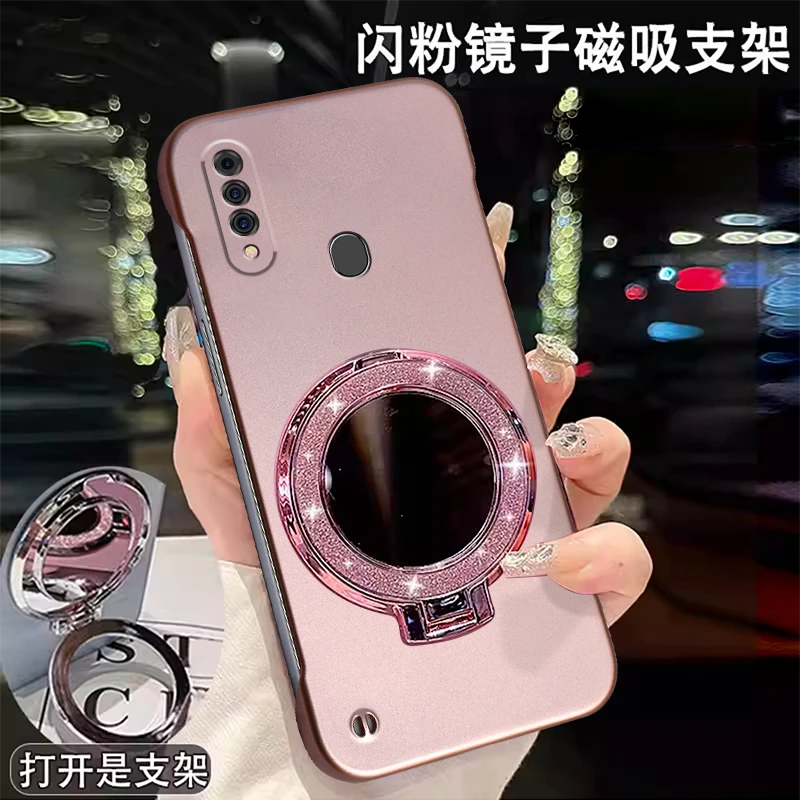 适用OPPOA8手机壳无边框超薄时尚金属漆散热闪粉镜子支架保护套