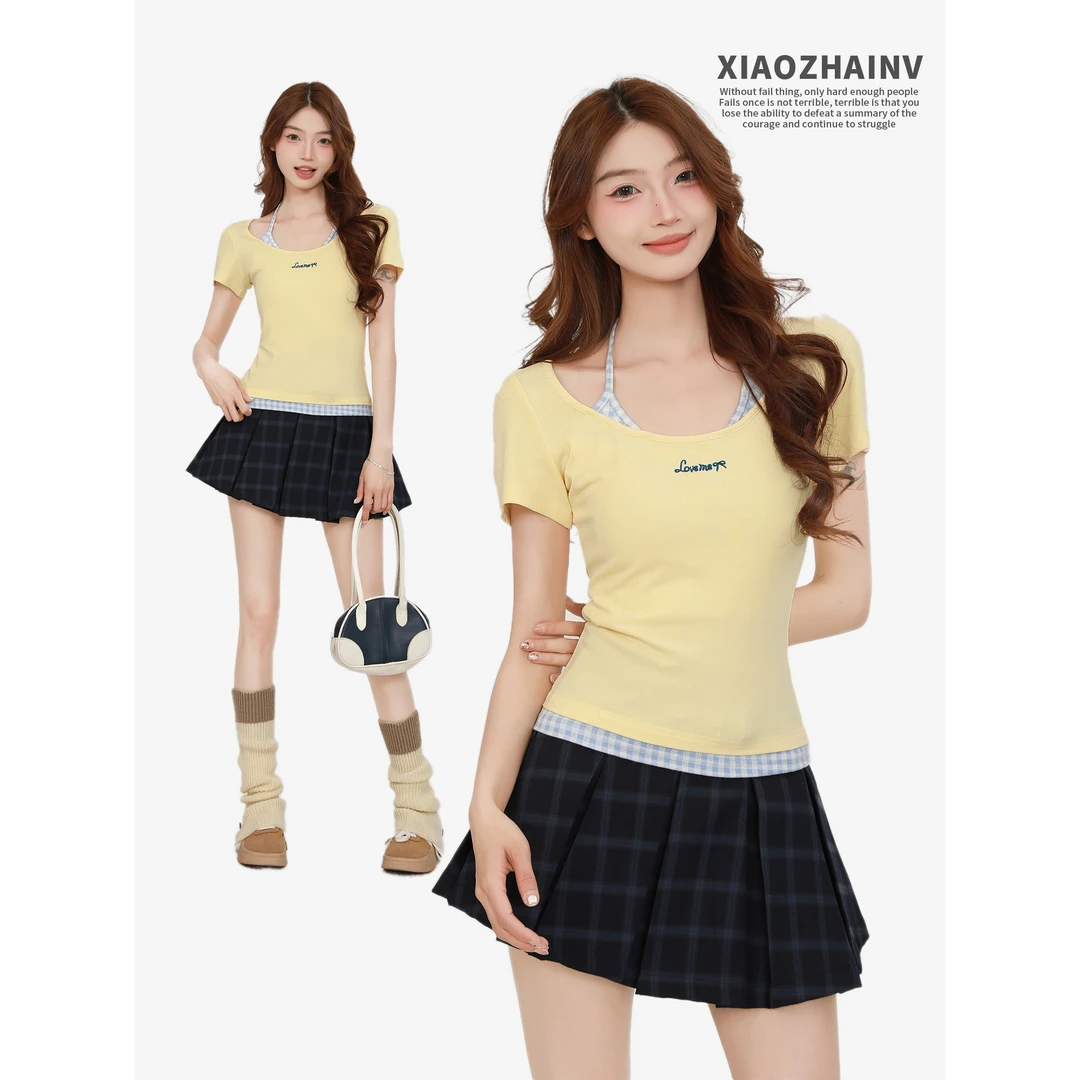嫩黄色假两件挂脖吊带短袖T恤女夏季多巴胺设计感高级超好看上衣
