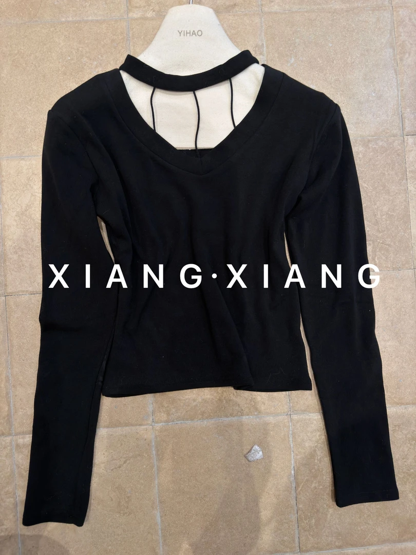 V领女镂空长袖修身打底衫#8126