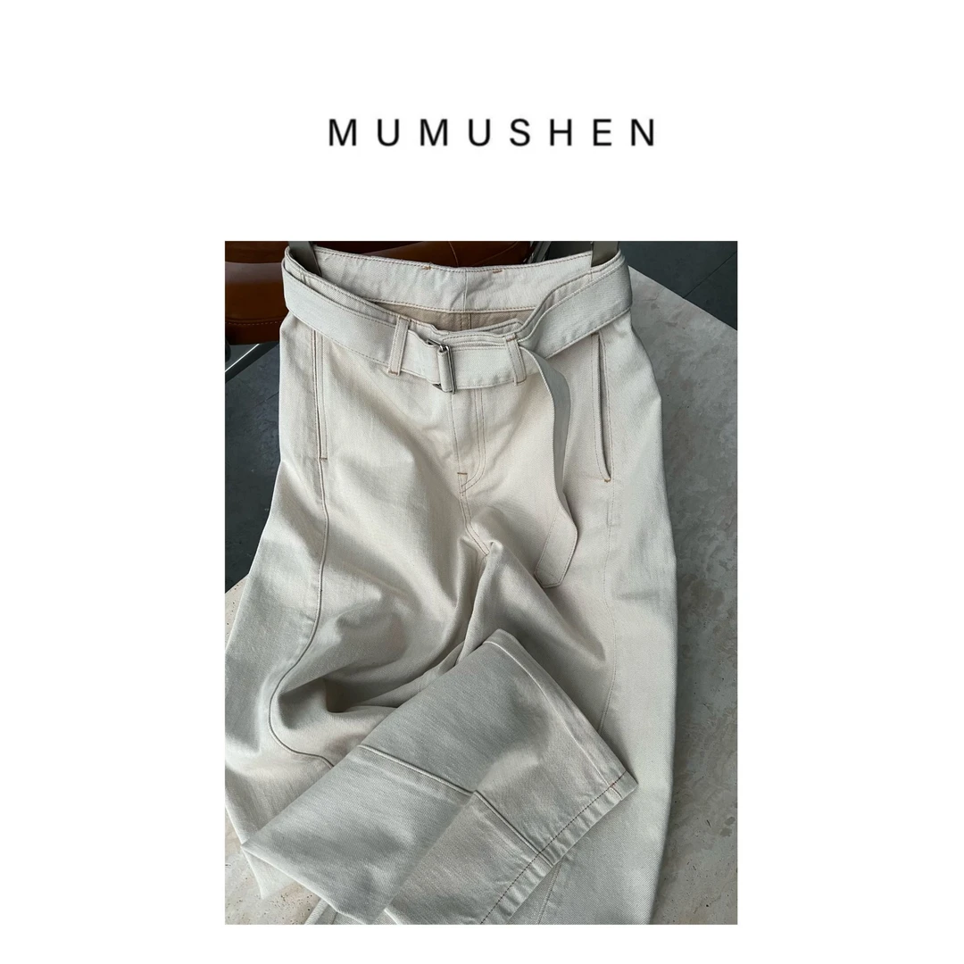 MUMUSHEN 春款简约松驰感阔腿拖地牛仔裤百搭扭缝系带裤