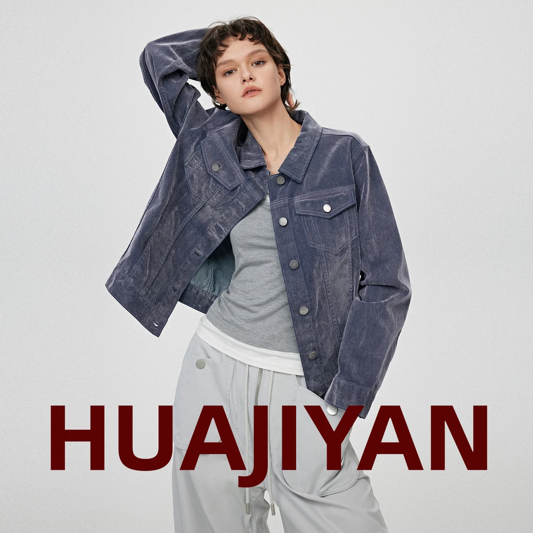 华吉言/HUAJIYAN【夜雾】丝绒牛仔彩牛经典翻领排扣复古牛仔外套