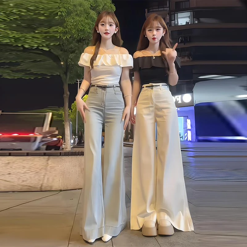 气质蓝色阔腿牛仔裤女2025夏季新款设计感小众高腰显瘦休闲拖地裤