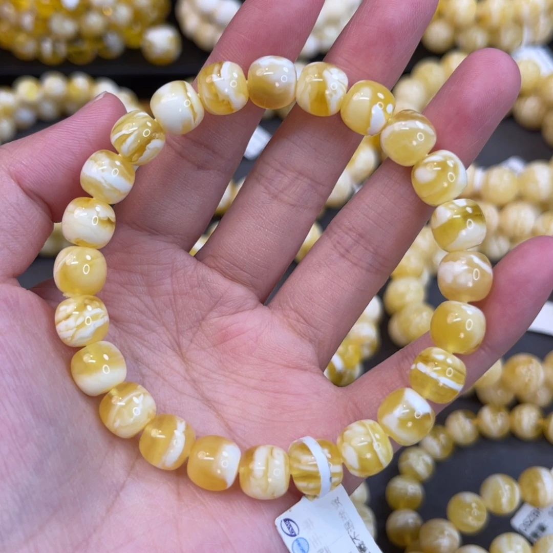 蜜蜡未镶嵌手链9*8.5mm金瓷白溶洞妖花