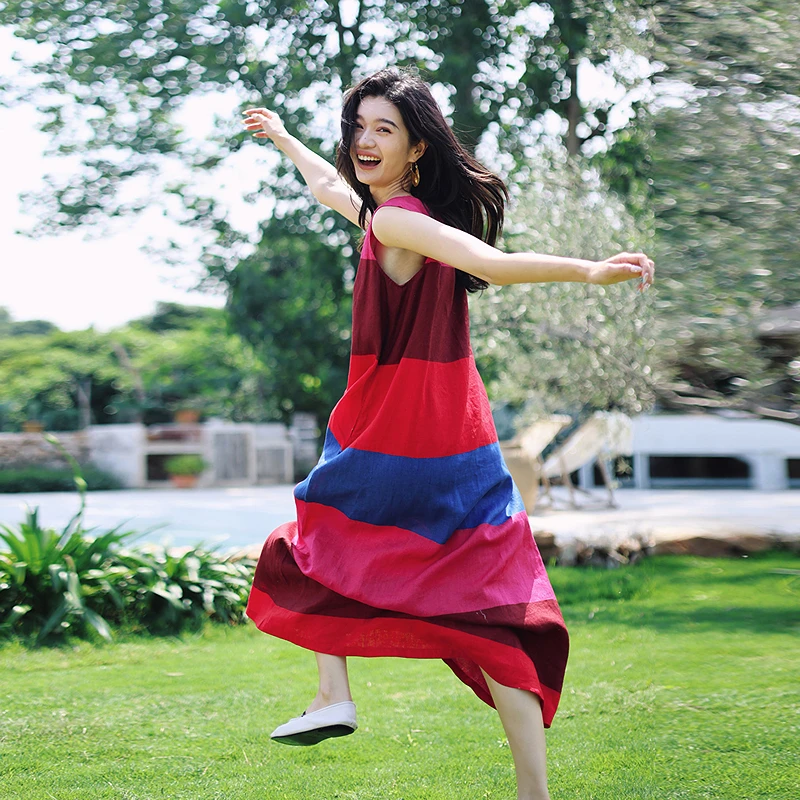 绽放424朵/复活款·2016年亚麻印花彩虹裙背心裙旅行度假连衣裙女