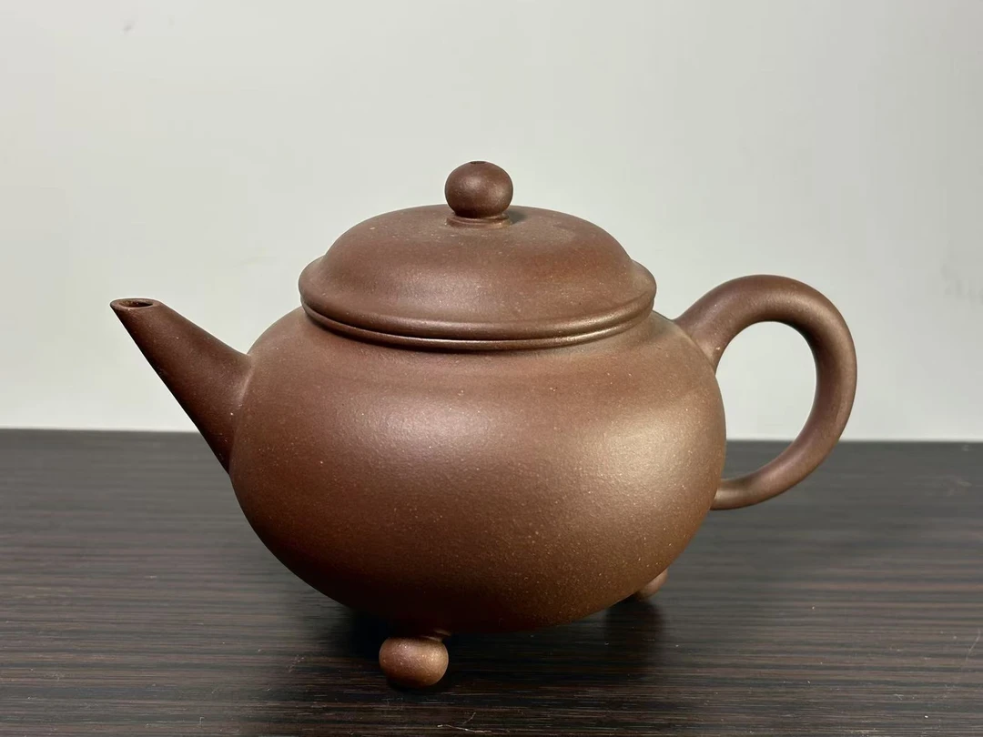 半手工紫砂壶三足水平250cc紫泥茶壶薄胎大气紫砂壶水平壶茶具