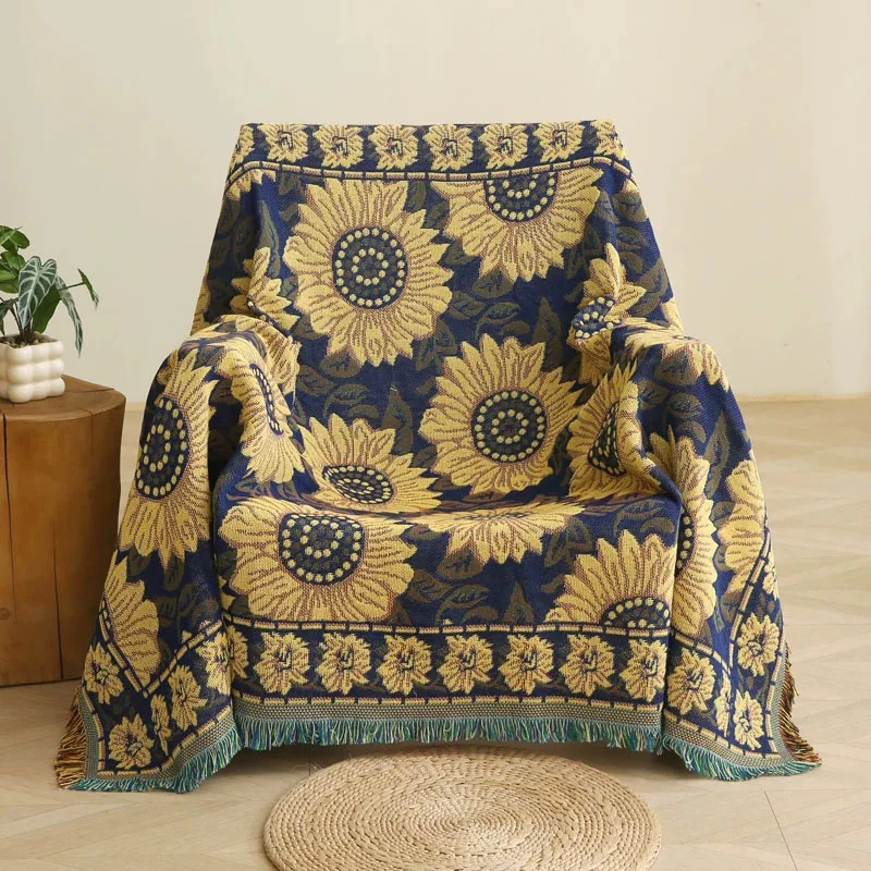北欧加厚蓝葵三层沙发巾沙发套罩线毯子全盖野餐垫露营毯沙发盖布
