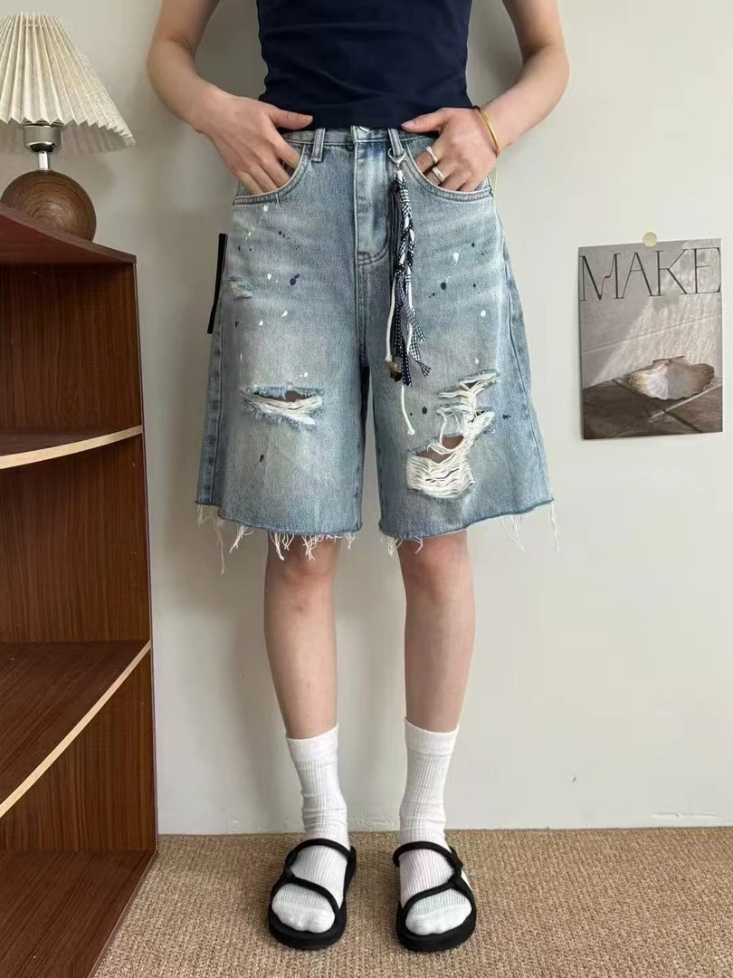 N+定制夏季破洞高腰五分女彩漆点缀宽松显瘦毛边阔腿中裤3591#