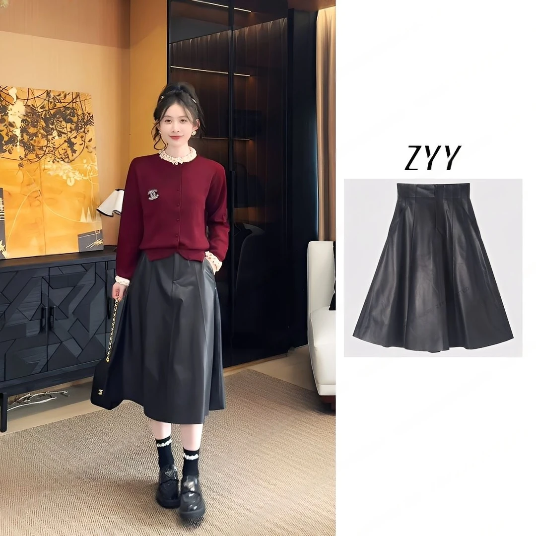 ZYY【高质女王】2025/S新品秋高腰显瘦赫本风中长皮裙X25QBSQD03347