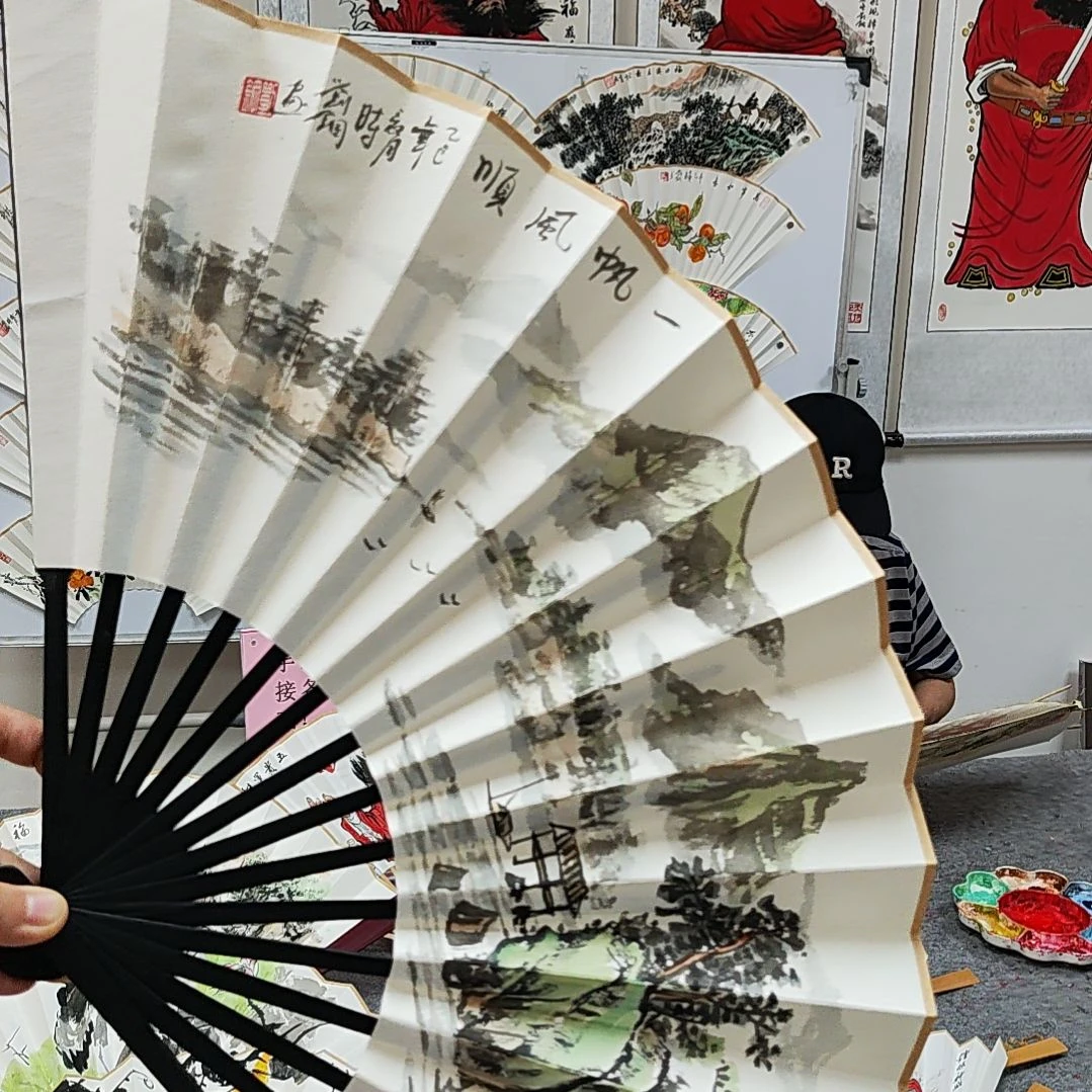 国画普通竹扇手绘扇子山水