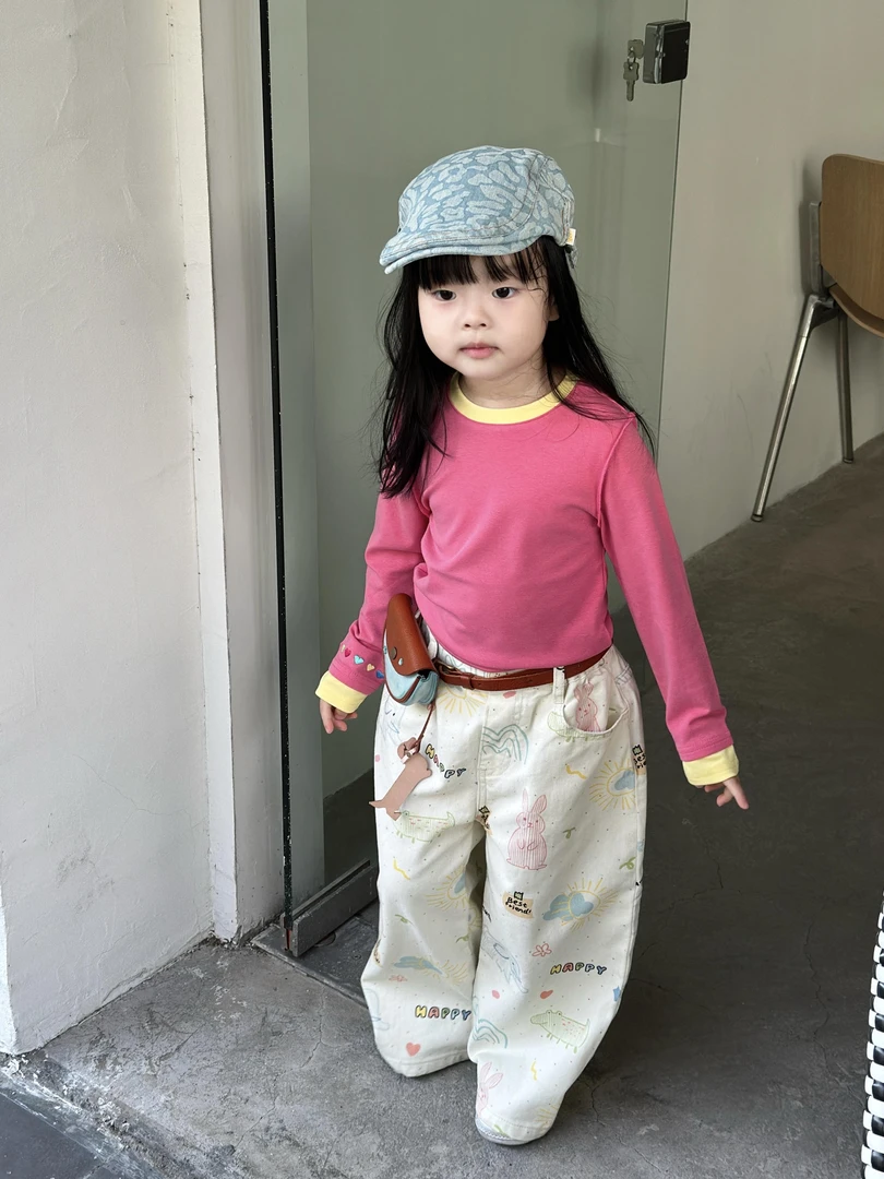 《小思家》2025早秋新款童装圆领拼接长袖儿童动物印花休闲裤套装