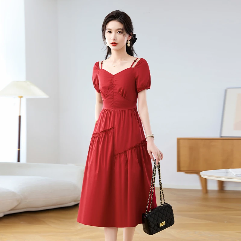 气质新款红色法式大气减龄洋气小个子中长款连衣裙裙子修身收腰